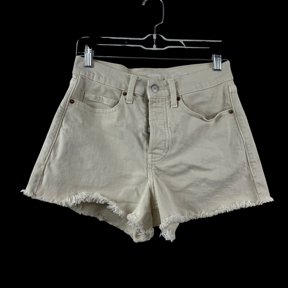 Old‎ Navy Sky-Hi A-Line Cream Denim Shorts High Rise Frayed Hem Size 4